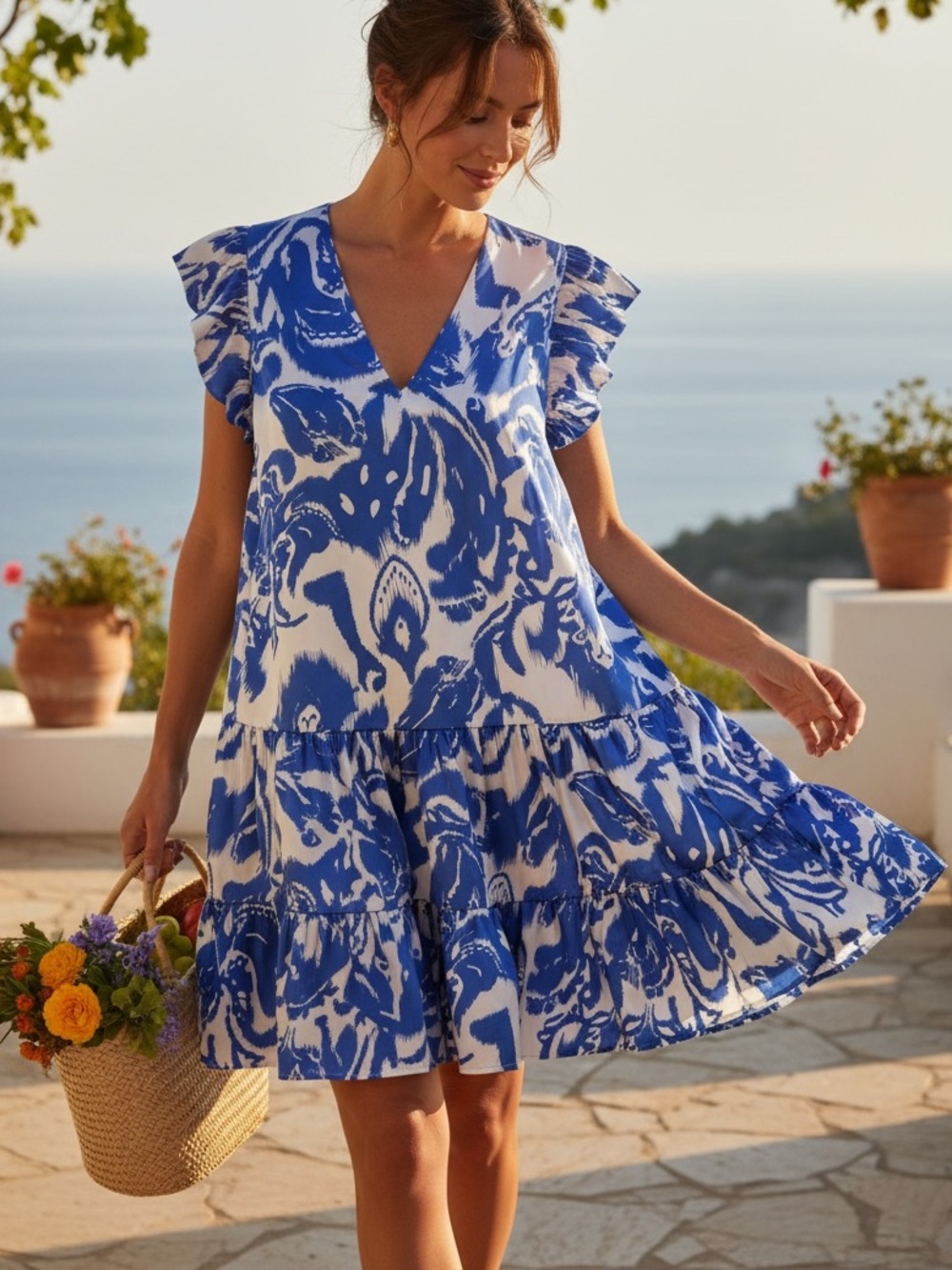Jodiel Blue and White V-Neck Flutter Sleeve Tiered Swing Dress size L